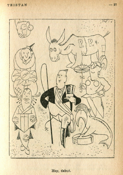 Esta tira (probablemente del 4 junio de 1946) retrata la asunción formal del primer gobierno peronista como un mero circo (se agradecerá la identificación de los personajes).  #TristánLVEnTwitter