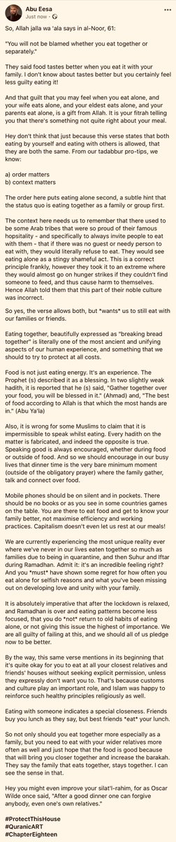 Niamatullah's tweet photo. So, Allah jalla wa 'ala says in al-Noor, 61:

"You will not be blamed whether you eat together or separately."

#ProtectThisHouse
#QuranicART
#ChapterEighteen 

https://t.co/xuE3xeAiDn https://t.co/yeQTimVDwY