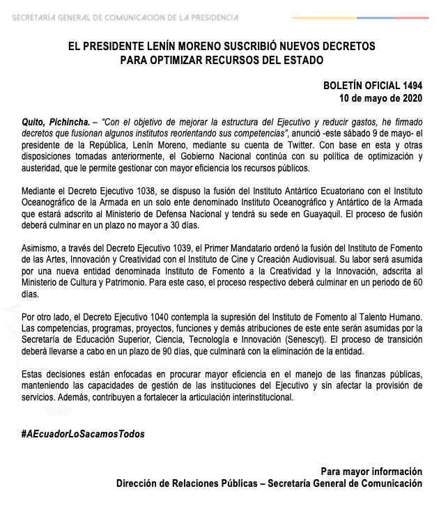 ComunicacionEc's tweet photo. #LoMásLeído | El presidente @Lenin Moreno suscribió nuevos decretos para optimizar recursos del Estado. #AEcuadorLoSacamosTodos

📰▶️https://t.co/W2t2vKHdvZ

#JuntosEcuador🇪🇨
#QuédateEnCasa https://t.co/FLQZcUAPu6