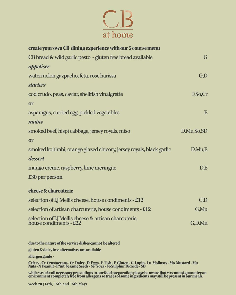 We can now present next weekend's CB at Home menu; served from Thursday (14th of May); and advise that bookings for takeaways and deliveries next weekend are now open.

To book, please visit: bit.ly/CBatHomeWk20