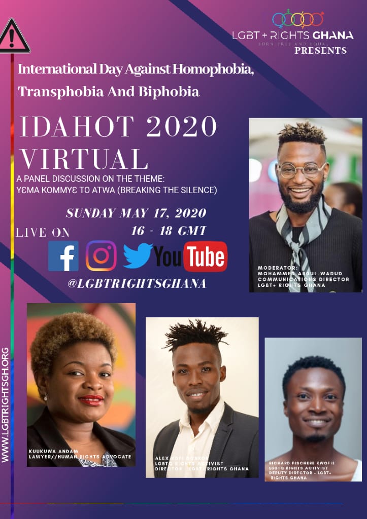#IDAHOT2020 VIRTUAL 
Join @LGBTRightsGhana Live Celebration of IDAHOT on all the social media platforms 
on Sunday 17th May from 4pm to 6pm.
Kindly retweet! 
#IDAHOT #Virtual #Ghana #LGBTRightsGhana #BornFreeAndEqual