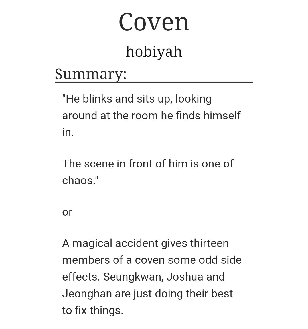 Coven (oneshot)by  @hope_boos (ao3: hobiyah)-shuaboohan (? idk what the ship name would be)-chaos. chaos everywhere-mingyu is a puppy for like all of it and i'm living for it-someone hold chan down. literally.-c u t i e s https://archiveofourown.org/works/18793090#main