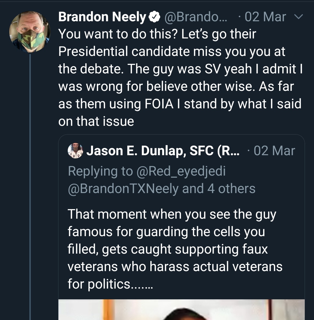 Schrodinger's vet-bro bigot who both is and isn't a veteran according to  @BrandonTXNeely