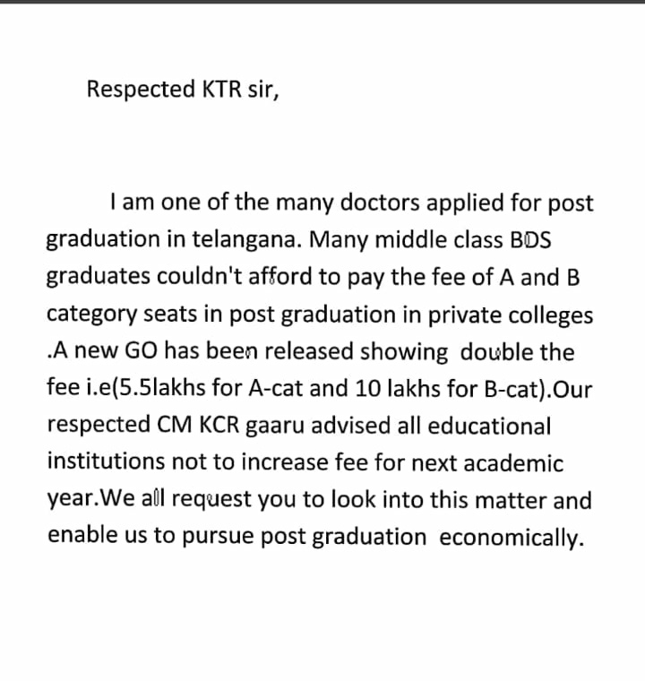 dr_endodontist_'s tweet photo. @KTRTRS @TelanganaCMO @RaoKavitha #StopFeeHike
 #SaveNobleProfession 
Even after securing good rank a middle class student can't afford for A-cat fees and may step back by killing his dreams as the fee is doubled. please help the doctors by keeping the previous fee structure. https://t.co/NVt9C77JNU