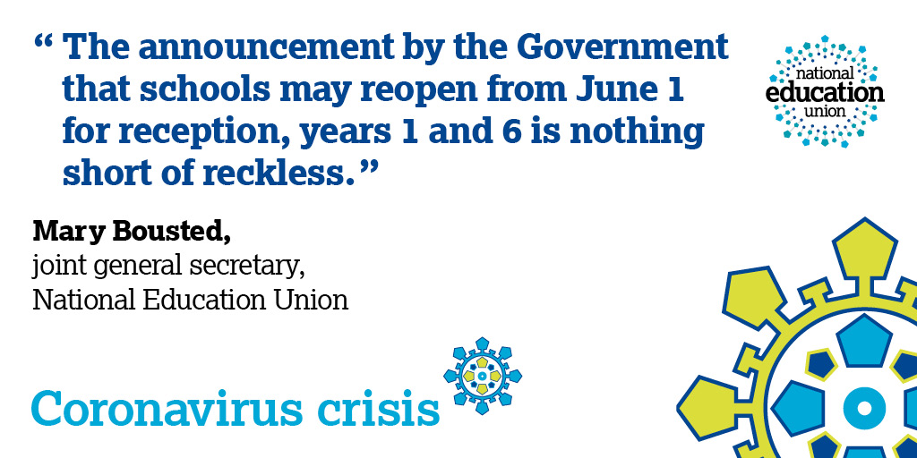 Coronavirus continues to ravage communities in UK and rate of  infection is still far too great for the wider opening of our schools.
 
Read PR here. 👉 bit.ly/2Wlmccr
 
We are surveying our members on PM’s statement. Please check email for details.
#FiveTests #COVID19