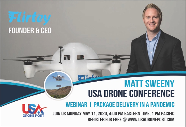 GetSkyDrop's tweet photo. Tune in tomorrow to the USA Drone Conference webinar at 1pm PT/4pm ET to catch Flirtey’s Founder and CEO, Matthew Sweeny, talk about how drone delivery could be instrumental in providing emergency relief during a pandemic. Register for free @ https://t.co/0ezFnwvWOz @USADronePort https://t.co/9wWn1wPLK9