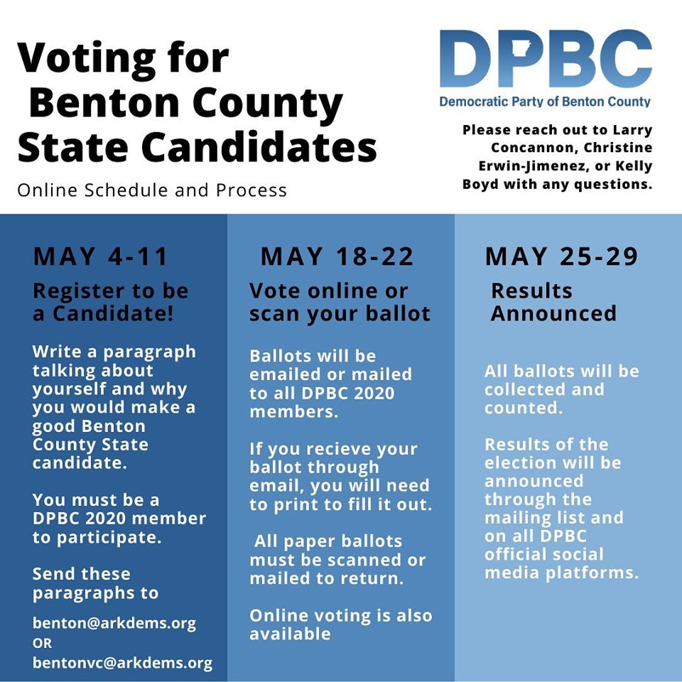 dpbcarkansas's tweet photo. Last Chance!!
It’s time to vote for our Benton County State Candidates! Make sure you are registered as a DPBC 2020 member to nominate yourself and to vote.
#democraticpartybentoncounty #dpbc #bentoncounty #statecandidate #vote #arkdems https://t.co/C8THMAhzke