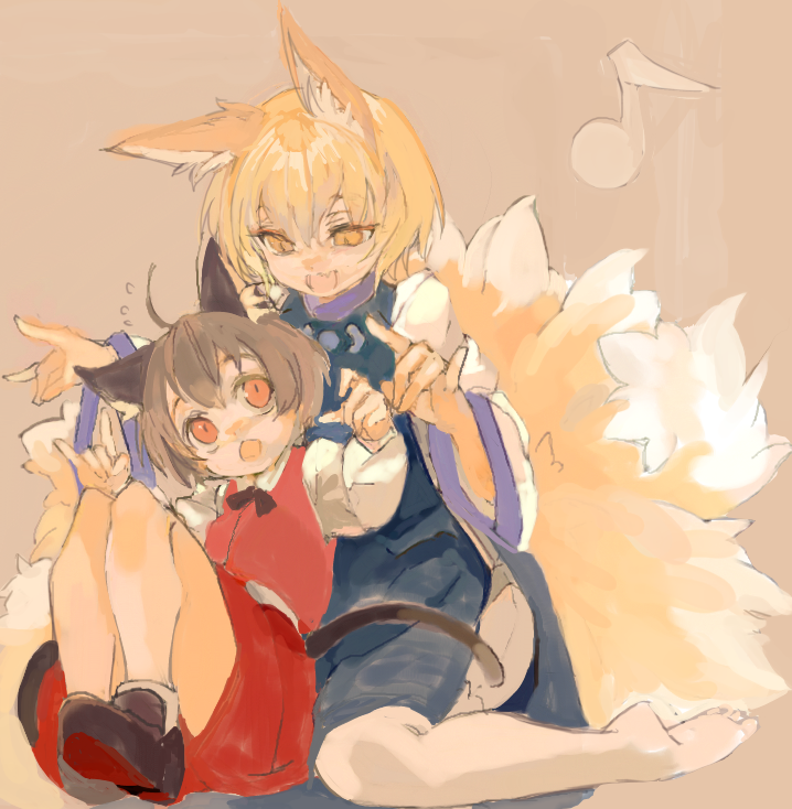 橙(東方プロジェクト) ,八雲藍 「絵チャの産物、
東方の藍しゃま、橙。
母の日。

「お～きつね～こんこん♪こんに」|konabetateのイラスト
