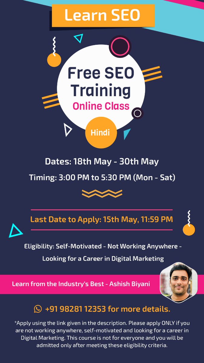vivek_seoexpert's tweet photo. Free SEO Training - Online Class
Please fill the form: https://t.co/jePYVg5w8z before 15th May - 11:59 PM, and If you are shortlisted, I will contact you.
#seo #digitalmarketing #freeseotraining https://t.co/1Bni0eED9i