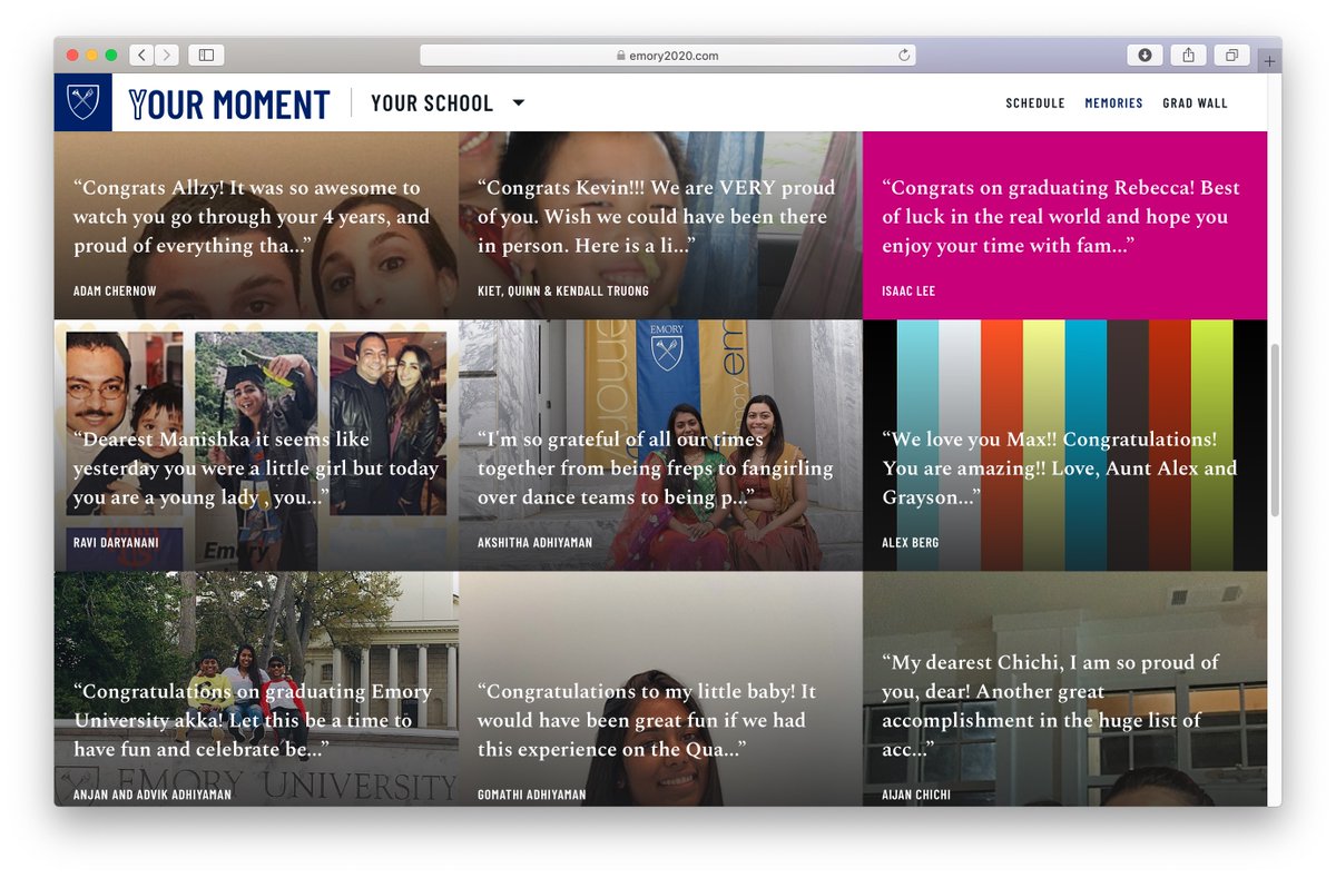 EmoryChem's tweet photo. Share your memories of this year's @laneygradschool grads before the virtual celebration starts at 9am tomorrow! It's easy to feature your comments on this beautiful memory wall! https://t.co/NQkPqghcWf https://t.co/aOVGNzptJI
