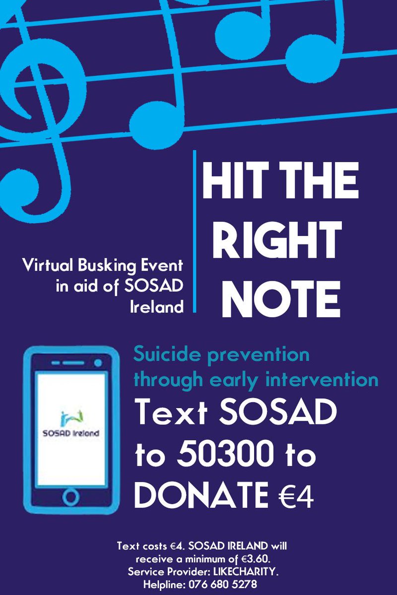 SOSAD_Ireland's tweet image. To participate in the Hit The Right Note virtual fundraiser:
- Post a video of yourself singing or playing an instrument.
- Include in caption “Please text SOSAD to 50300 to donate €4”
- Tag @SOSAD_Ireland 
- Nominate 3 Friends

#HitTheRightNote #TogetherWithSOSAD 
#MentalHealth
