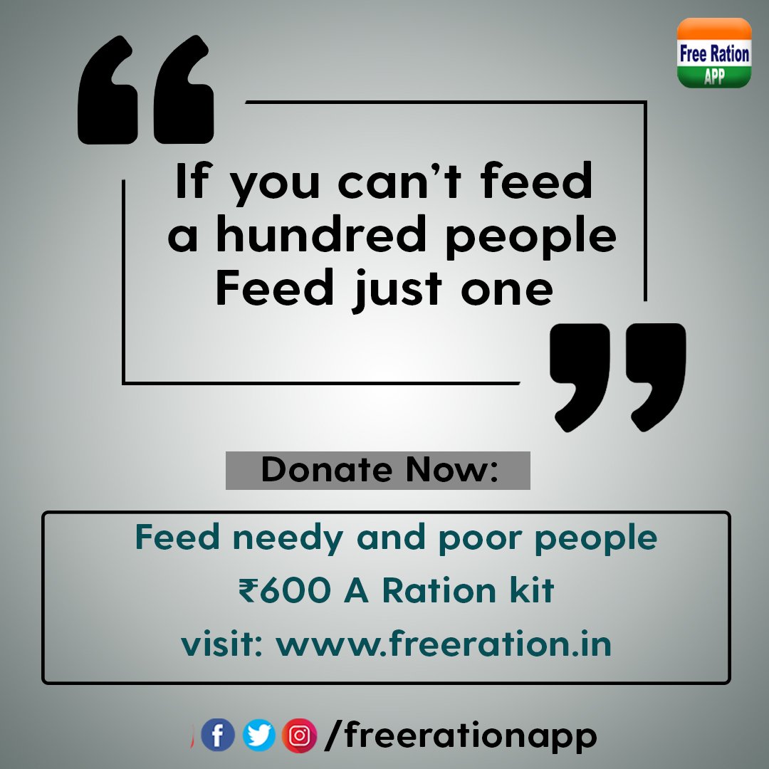 FreeRationApp's tweet photo. If you can't feed a hundred people feed just one. 

Kindly Donate here: https://t.co/K2xADEg3VA

#FreeRationAPP  #DonateNow #IndiaFightsCOVID19 https://t.co/UOlXzPxfqt