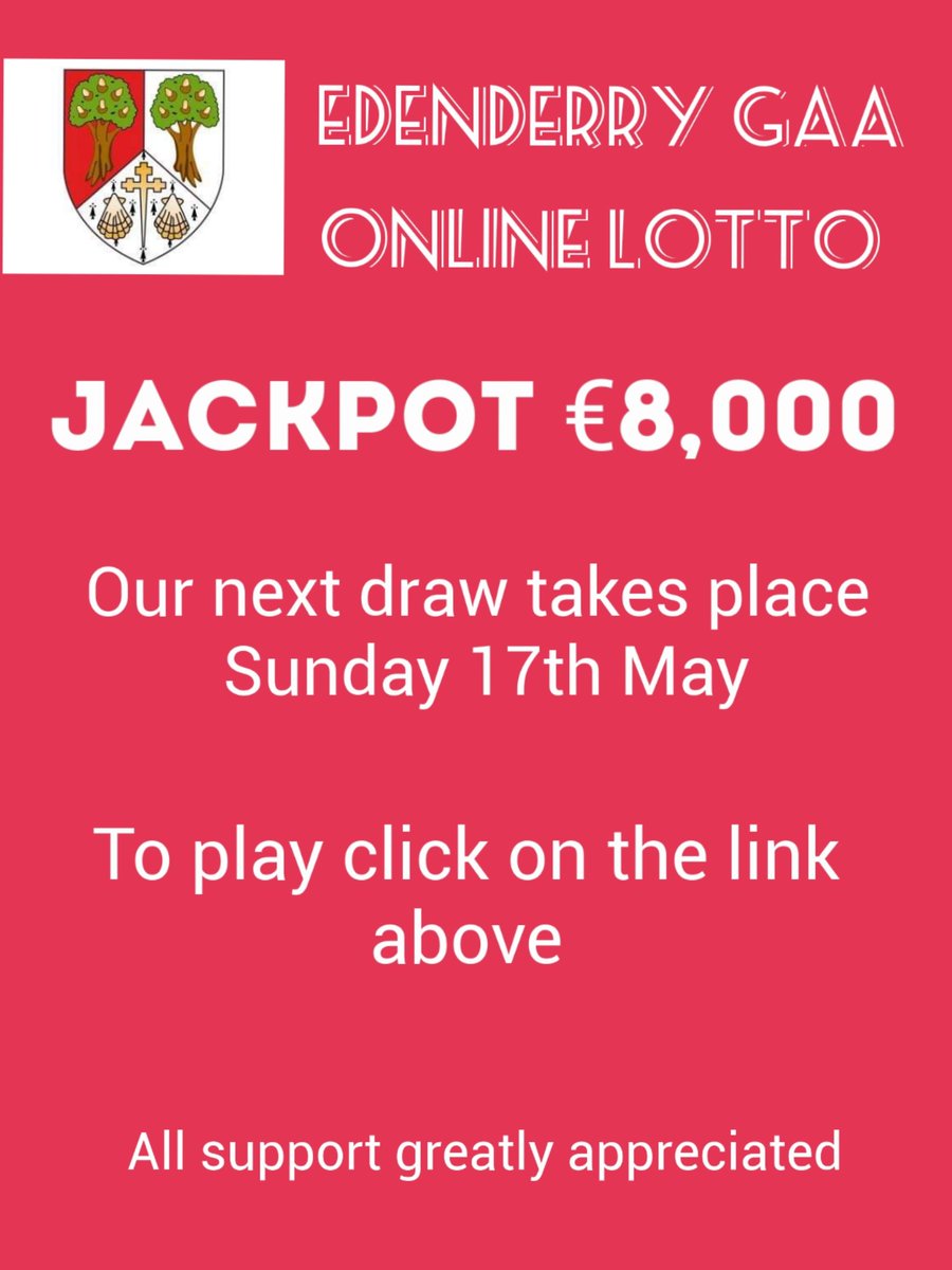 EdenderryGAA's tweet photo. Our Club Lotto is returning online for the foreseeable future.  Click on the link below if you would like to purchase tickets: 
 https://t.co/38BeyKBkbQ

Draw will take place at 12noon on Sunday 17th. 

Please retweet. https://t.co/jwEqoCIiCS