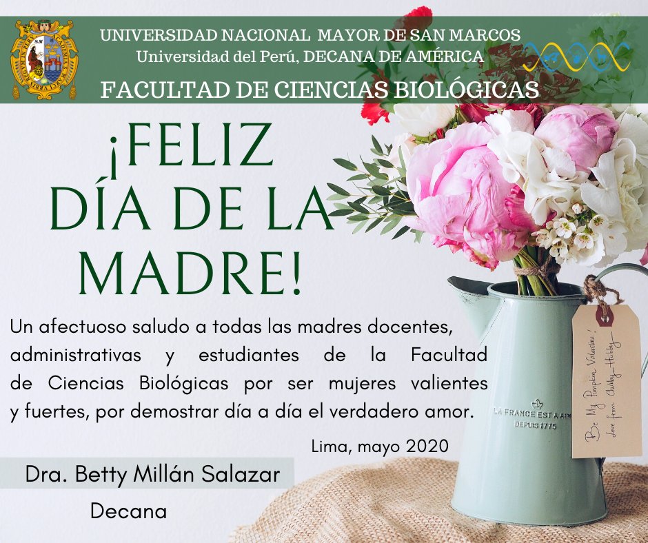 BioUNMSM's tweet photo. 🌹Para ellas lo mejor. #FelizDiaDeLaMadre les deseamos a todas las madres del Perú, en especial a las de la comunidad de la #FCB. Gracias por compartir nuestra #PASIONPORLACIENCIA https://t.co/LvwZkN8vBV