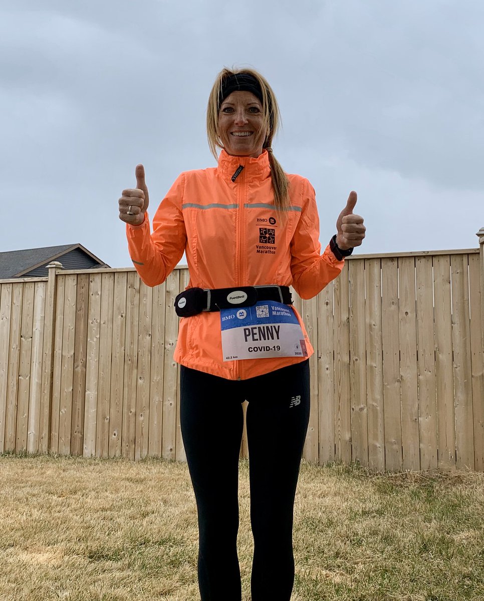 PennyDNeufeld's tweet photo. Survived the @BMOVanMarathon (Virtual Marathon) this weekend. Even made myself a special bib just for this unique event. 😂 Possibly the hardest thing I’ve done in a long time. #runvan #runvancouver #marathon #virtualrace #lacombe See you next year Vancouver! 🏃‍♀️ https://t.co/ZxfPa2X5lq
