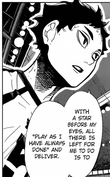 Even when he goes through his character growth crisis in ch 333 it's self-belittling: "as if someone like me", "with a star before my eyes", etc
