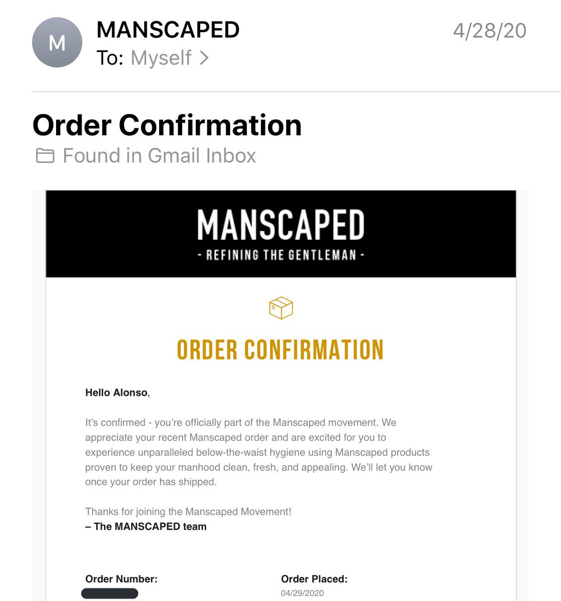 1. Cannot find any estimated shipping times anywhere on the  @manscaped website 2. Cannot find how many days it will take for order to ship 3. Immediately after ordering I got a confirmation email. Which was expected, nothing bad here. Here’s the email