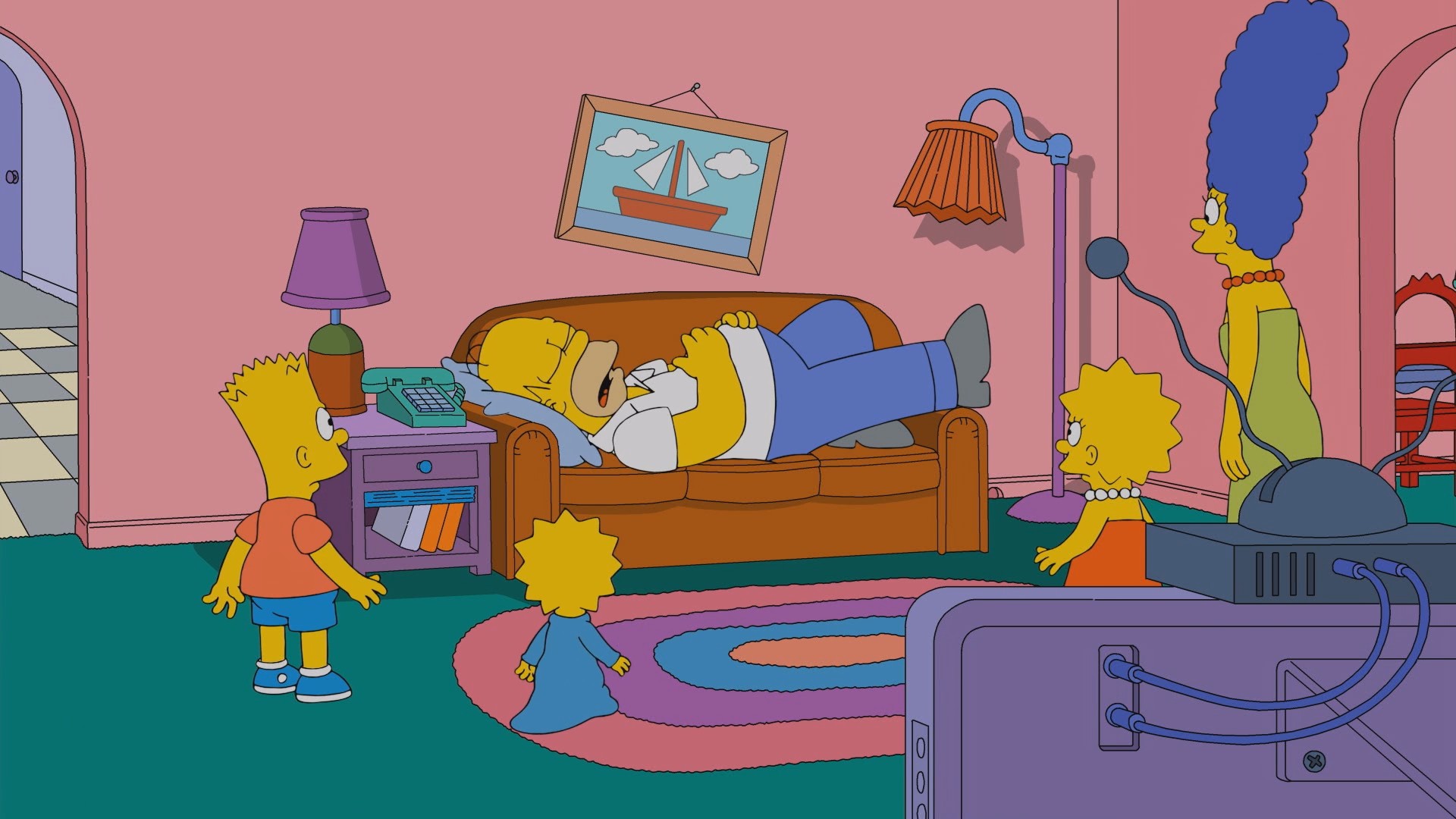 Включи simpsonwave. Комната Симпсонов. Зал Симпсонов. Телевизор комната симпсоны. Симпсоны в зале.