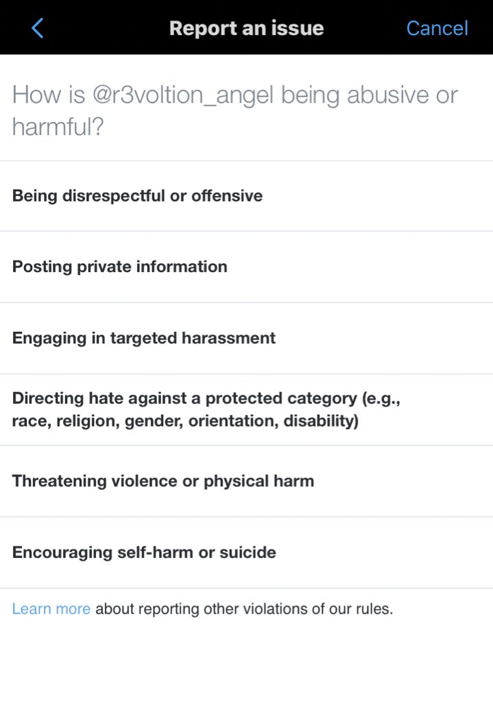 YOU CAN REPORT ONE PERSON FOR MULTIPLE REASONS- here’s how:1. their tweets are abusive or hateful-posting private information-engaging in targeted harassment-directing hate against a protected category1/2