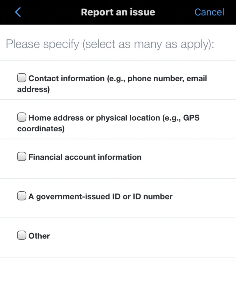 for private info- 1. select other2. someone else 3. if the user posting is unprivate on twitter, ADD tweets to the report4. when it asks to sign put your user