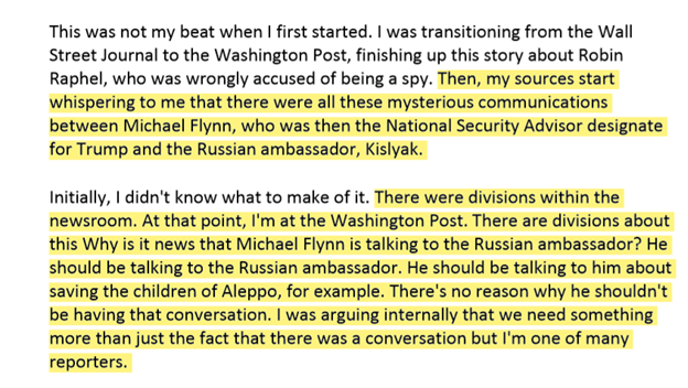 Entous: "My sources start whispering to me that there were these mysterious communications" between Flynn and Kislyak. This caused an internal WaPo discussion about whether to run the Flynn/Kislyak story.To his credit, Entous didn't find it newsworthy.