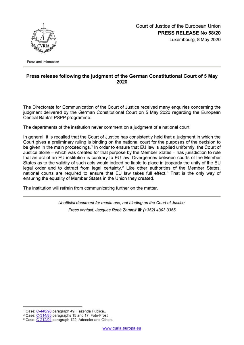 3. The  @EUCourtPress reacted with a highly unusual press release, not commenting on the case explicitly, but reminding everyone that its rulings are binding on national courts & that the ECJ alone has authority to rule on whether EU institutions' actions violate EU law