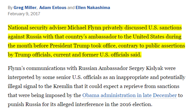 Further Flynn/Kislyak leaks to Entous on 2/9/17 - perhaps from the same sources who provided the initial leak, and supported by new sources."Current and former U.S. officials" confirmed the contents of Flynn's call with Kislyak.