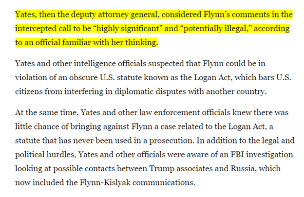 2/13/2017 - likely DOJ leaks related to (or on behalf of) Sally Yates by "an official familiar with her thinking."Curious if that was McCord or Tashina Gauhar.