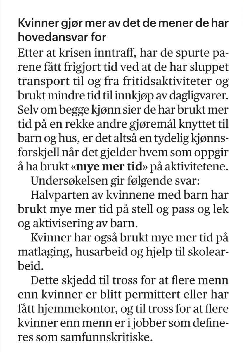 abgran's tweet photo. Det ser ut som min erfaring med flest kvinner m barn på online møter, er uttrykk for en tendens om at tradisjonelle kjønnsroller har blitt forsterket under koronakrisen. Det bekrefter en undersøkelse fra Likestillingssenteret, ref @Aftenposten https://t.co/5bz75J4RWS