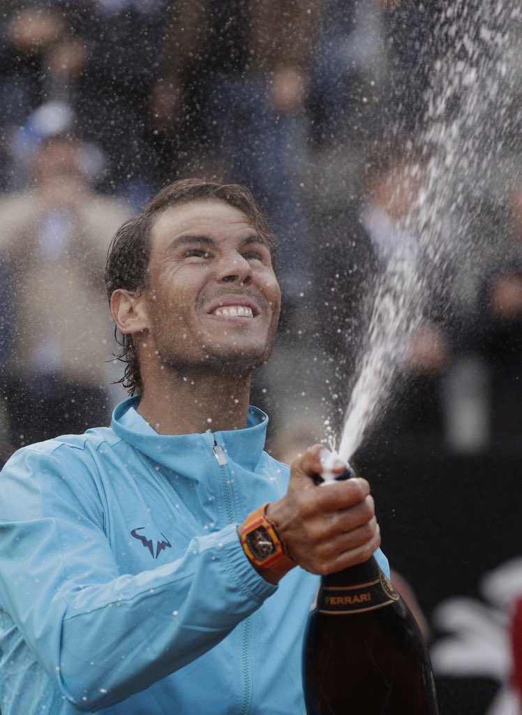 Finally the first title of the season. Pure relief for Rafa in Rome.R1 vs Chardy 6-0/6-1R2 vs Basilashvili 6-1/6-0QF vs Verdasco 6-4/6-0SF vs Tsitsipas 6-3/6-4F vs Djokovic 6-0/4-6/6-1