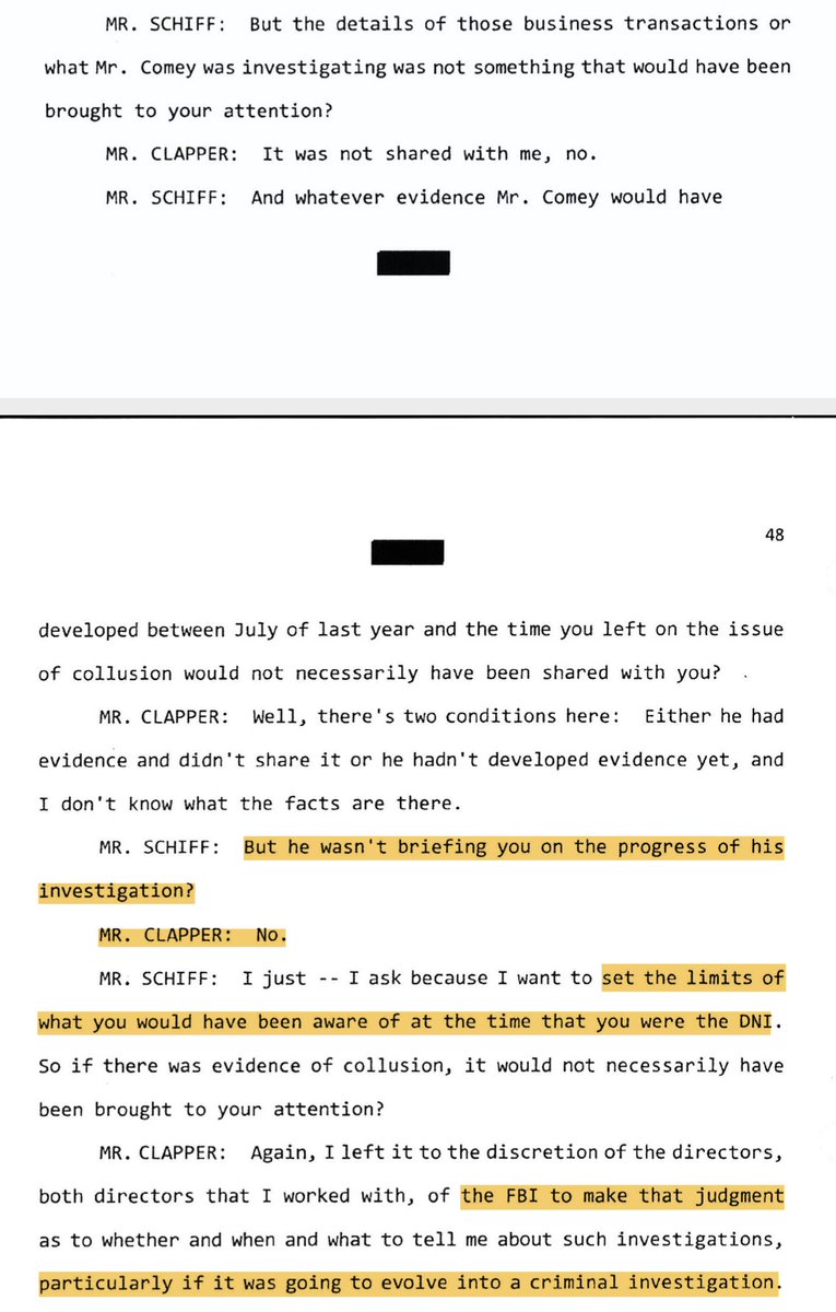 SCHIFF: Just since this is a transcript, for our audience at home, remind them that just because FBI doesn't tell you about an investigation doesn't mean they haven't caught a scumbag.CLAPPER: They play close to the chest, even with us. Gotta love 'em. 