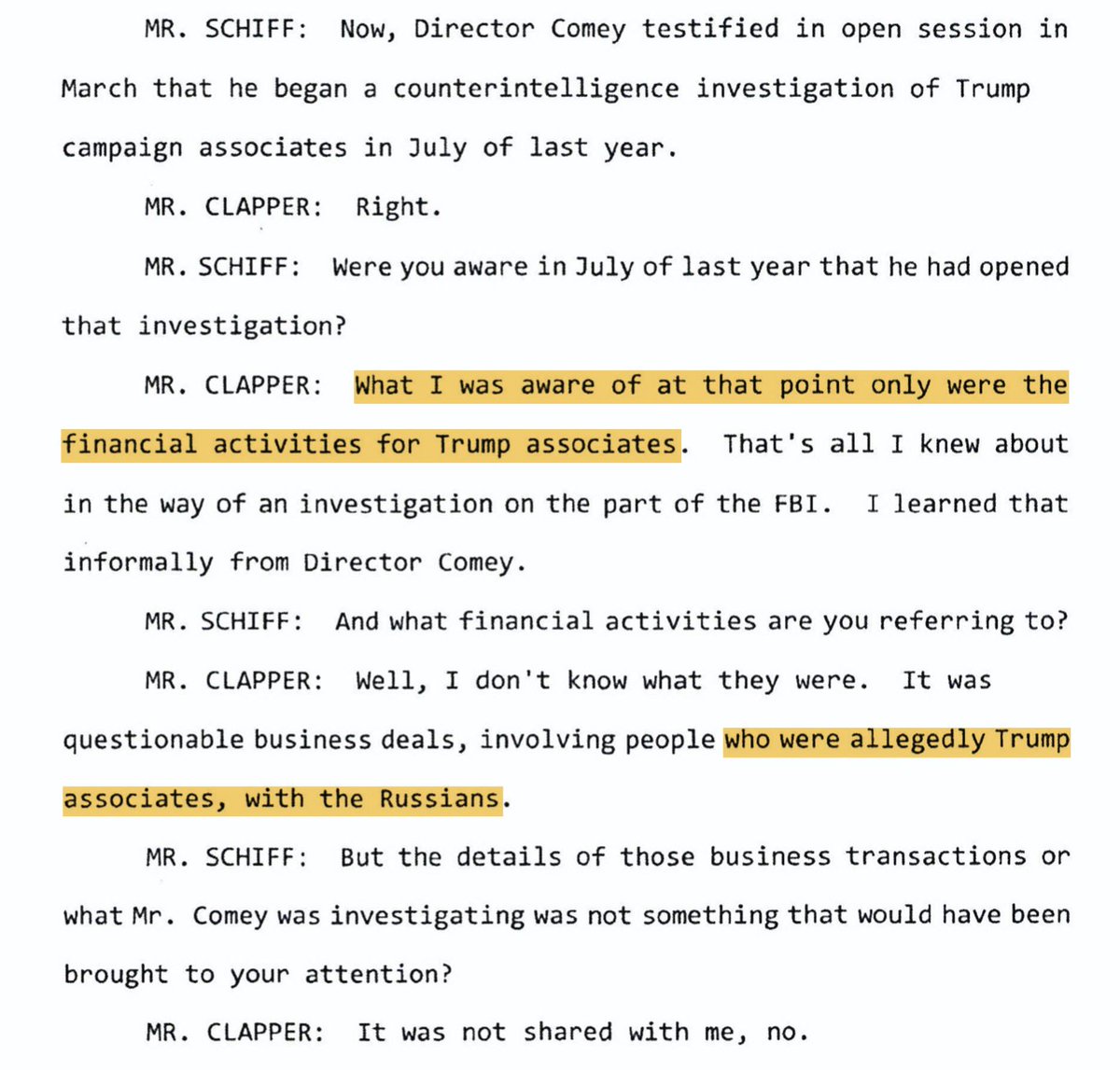 SCHIFF: OMG you remember Comey's testimony in March 2017 when Nunes almost cried?CLAPPER: Epic!SCHIFF: Did you know about Crossfire Hurricane?CLAPPER: Just the money part, OMG what losers. Hey, where is Devin, tending the cows today? 
