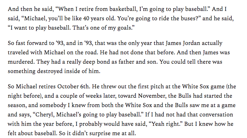 Those are just the PUBLIC examples of MJ talking about retiring early, playing another sport, or both.Here are some of the private instances:1991,  @SamSmithHoops 1992,  @Crayestout (below)1993, Dean Smith1993, multiple teammates https://readjack.substack.com/p/a-conversation-with-cheryl-raye-stout