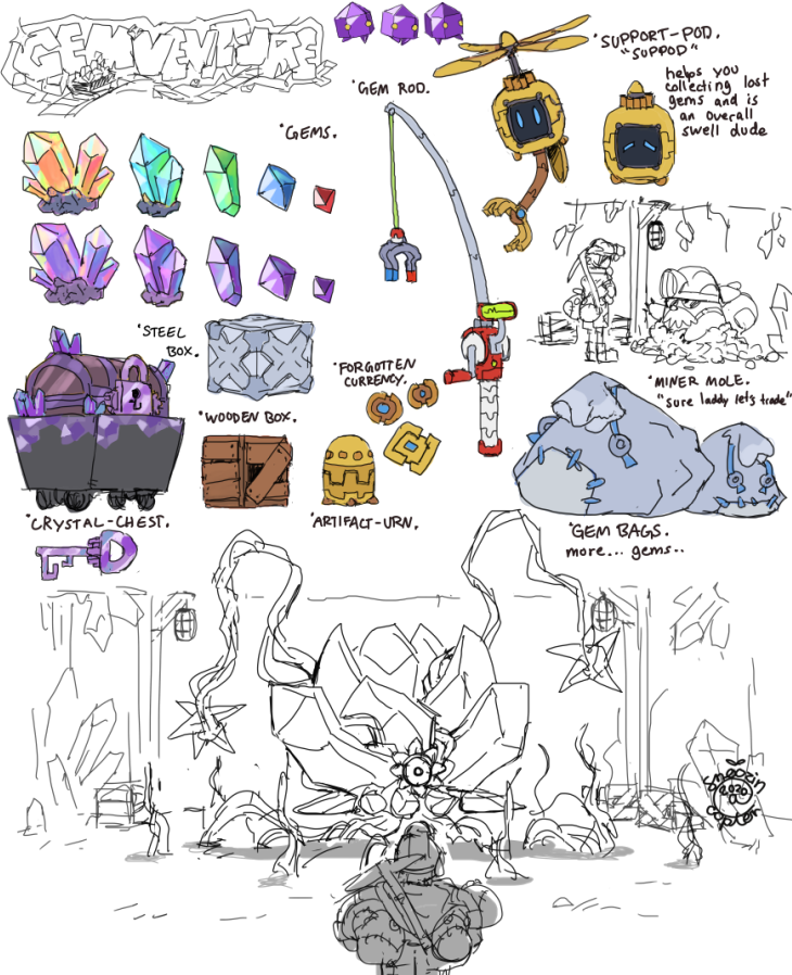 I never uploaded these here. Just a funny idea I had a few months ago.
A game about mining and carrying as many gems as possible to unlock and upgrade equipment to mine and carry even more gems.