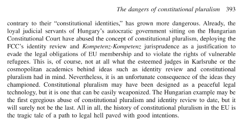 11. Sounds great right? Dialogue & accommodation are noble ideas. Problem is 1) it is an unsustainable fudge & a direct conflict was inevitable, & 2)it is prone to abuse by autocrats looking for excuse to ignore EU law. I wrote about latter 1st here:  https://www.e-elgar.com/shop/gbp/research-handbook-on-legal-pluralism-and-eu-law-9781786433084.html