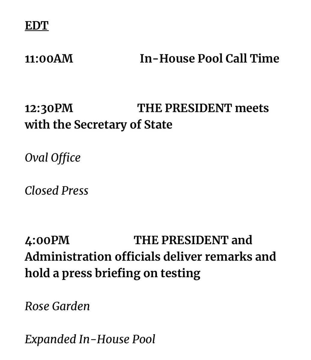 JUST IN: The President will hold a formal press briefing tomorrow for the first time since April 27th. The topic is “testing”, which great because I have a lot of questions.