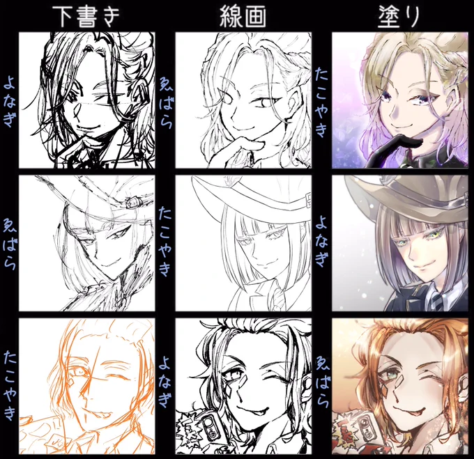 #3人で下書き線画塗りを交換して絵を完成させる
全員が初描きのキャラでよなぎちゃんとたこやきちゃんとやりました〜!
それぞれの個性が出て楽しかった? 
