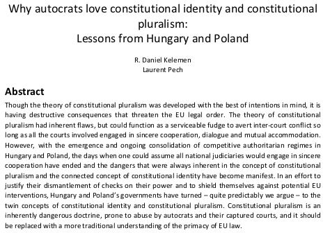 21. The title of the working paper version of that article w/  @reconnectEU captures the problem best "Why autocrats love constitutional identity and constitutional pluralism: Lessons from Hungary and Poland"  https://reconnect-europe.eu/wp-content/uploads/2018/10/RECONNECT-WorkingPaper2-Kelemen-Pech-LP-KO.pdf