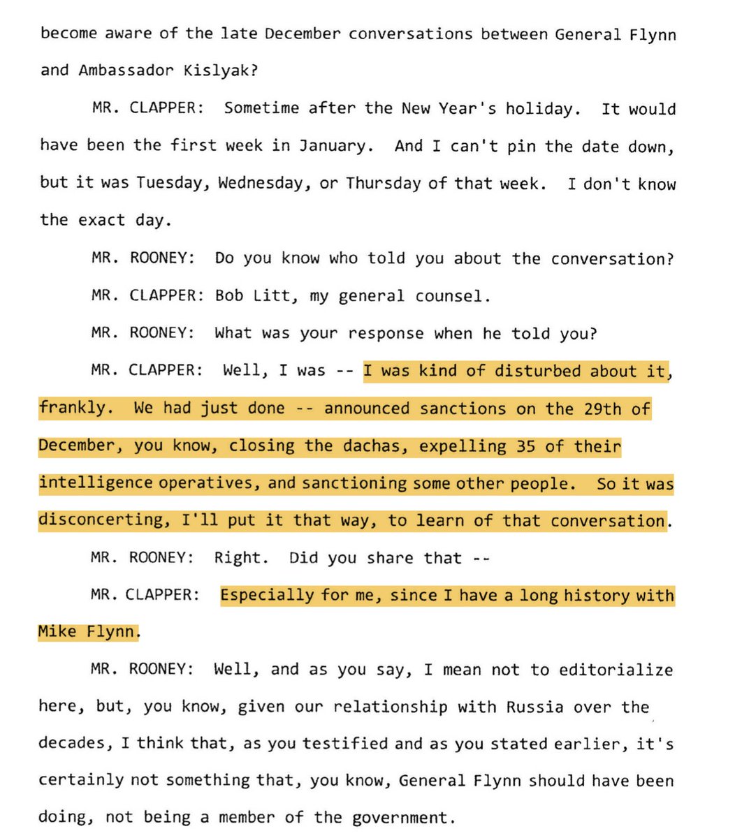 ROONEY: When did you learn about Flynn and Kislyak?CLAPPER: Few days after. What an asshole. I used to run DIA too, but I'm not a traitor.ROONEY: Yeah...I guess that does look bad.
