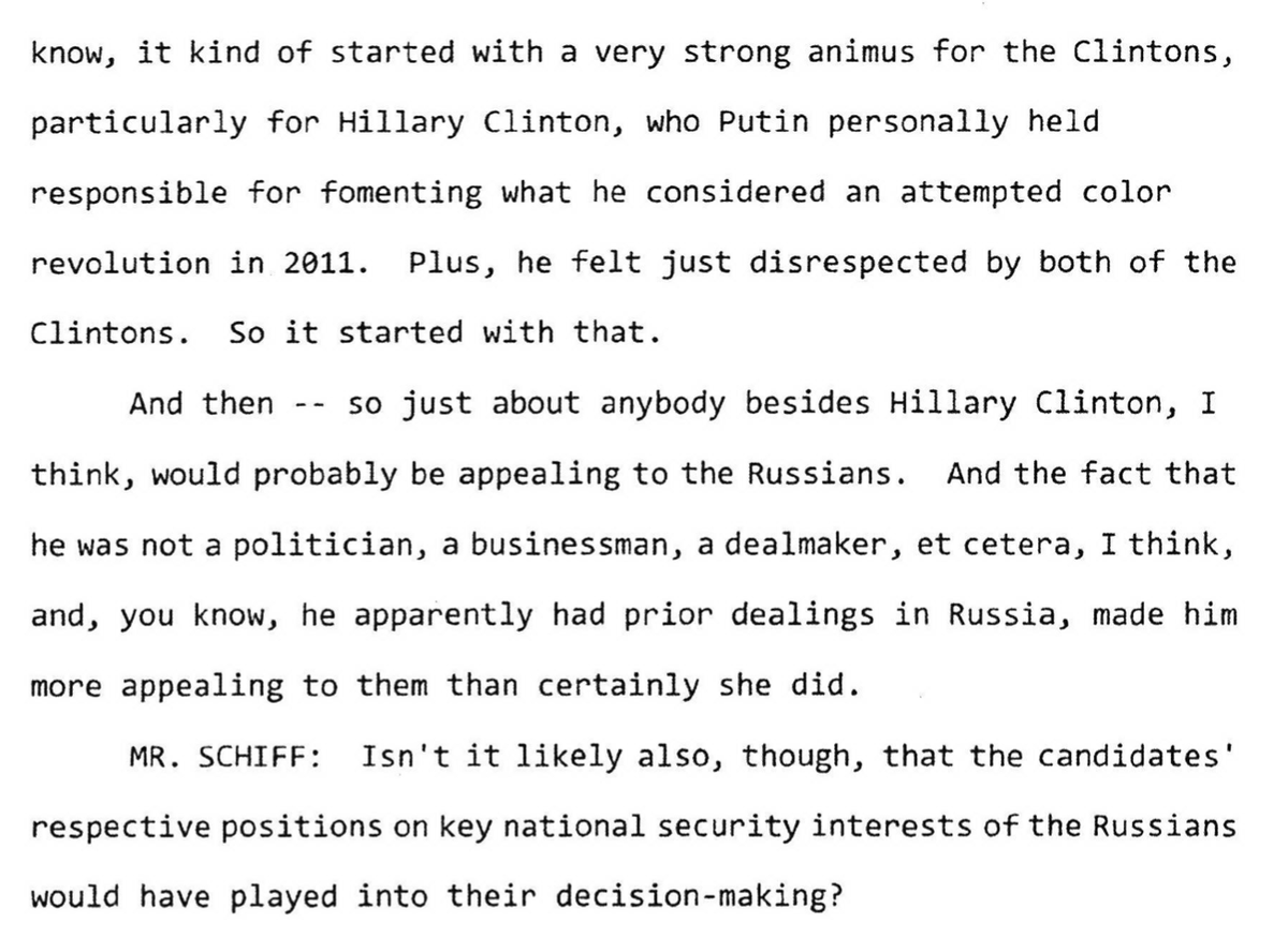 CLAPPER: Yup. Putin didn't like Hillary, and they own Trump, so hey.SCHIFF: Which they would like, the ownership thing.