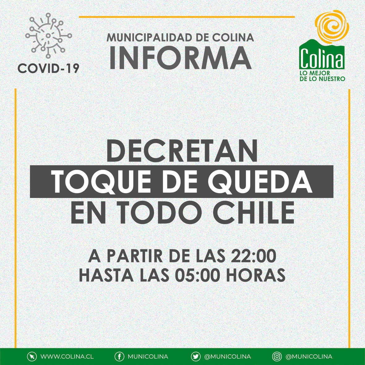 MuniColina's tweet photo. #ColinaInforma | En este momento comienza el #ToqueDeQueda, hasta las 5:00 horas de mañana lunes 11 de mayo.
#EsteVirusLoDerrotamosTodos
@mario_olavarria @CorpColinaSalud @ColinaCultura @colinadeportes @RadioColinaFM @ministeriosalud @SeremiSaludRM @Kaiser_80 @PP_Herreros https://t.co/eVGDEaNvPs