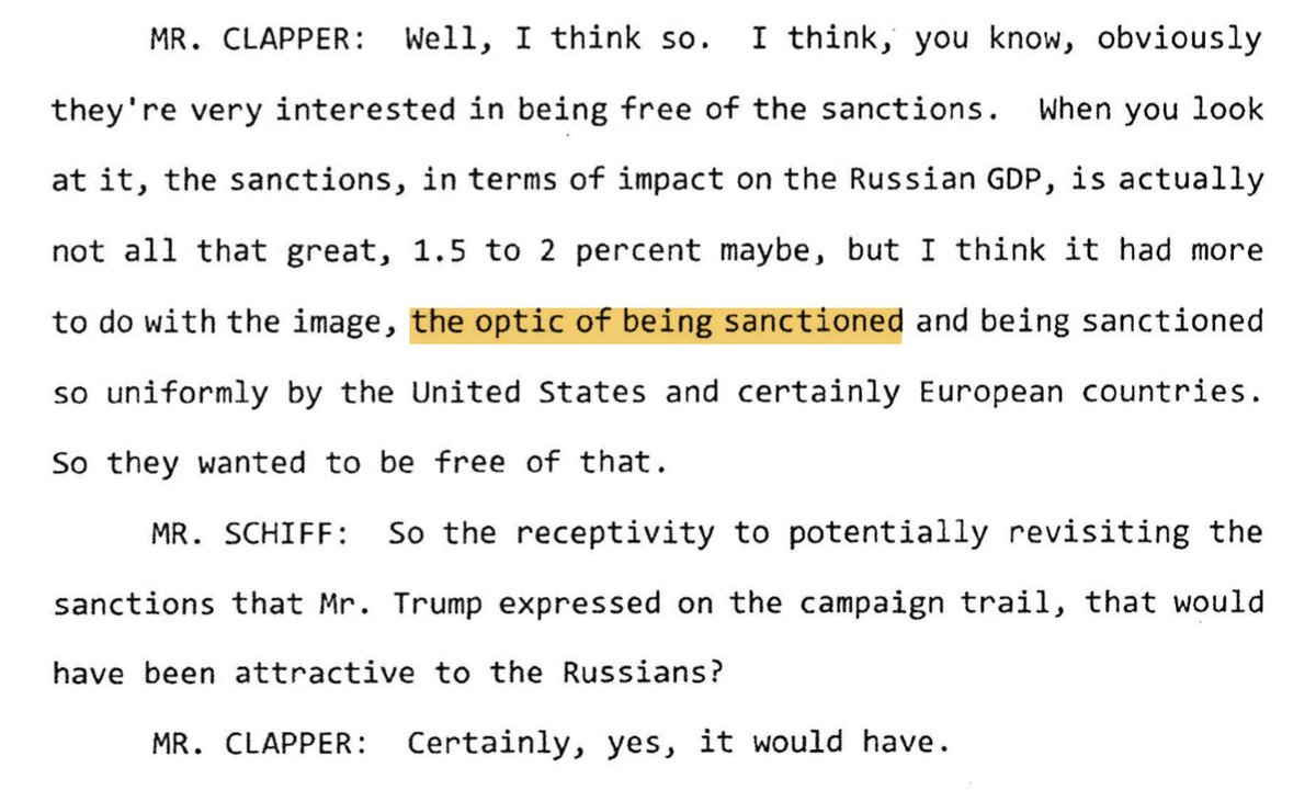 CLAPPER: The Russians don't like sanctions.SCHIFF: And they love having a bitch.CLAPPER: Yup.