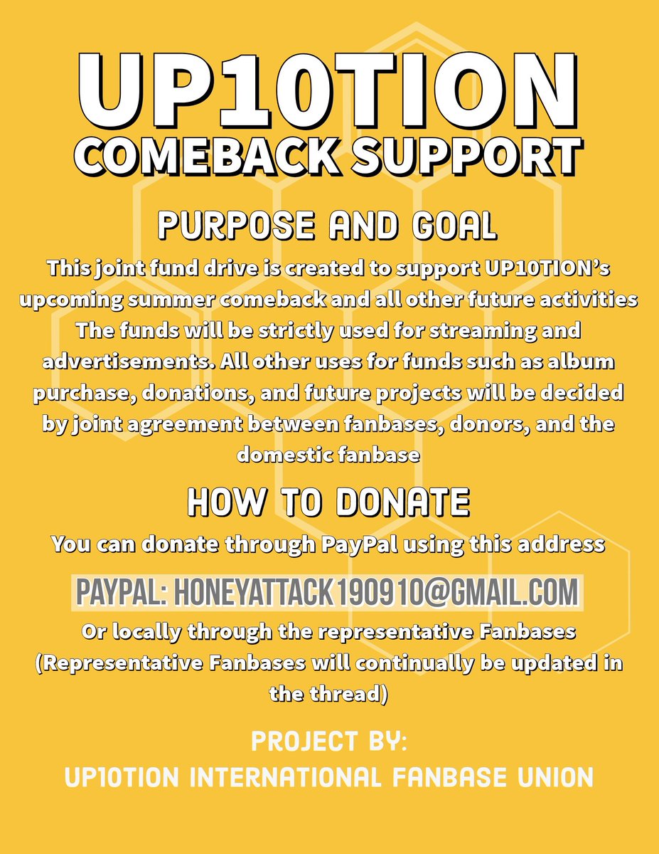  #UP10TION Comeback supportJoint Fund Drive by UP10TION International Fanbase UnionDonate to PayPal at: honeyattack190910@gmail.com or to the representative Fanbases belowPeriod 1: 11th May 2020 - 1st June 2020Please fill this form after:  https://forms.gle/esMJadw34cgnonV8A