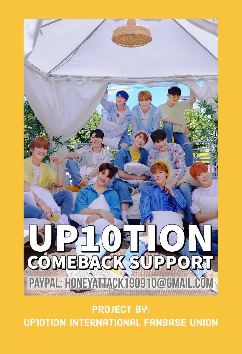  #UP10TION Comeback supportJoint Fund Drive by UP10TION International Fanbase UnionDonate to PayPal at: honeyattack190910@gmail.com or to the representative Fanbases belowPeriod 1: 11th May 2020 - 1st June 2020Please fill this form after:  https://forms.gle/esMJadw34cgnonV8A