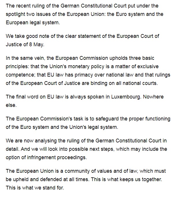 7. The EU have retaliated with a very crisp statement asserting that they have the final word on monetary policy & EU law has primacy over German Constitutional Law.