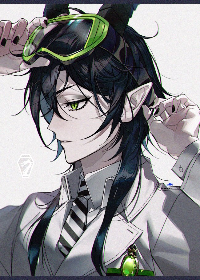 male focus 1boy pointy ears green eyes black hair solo horns  illustration images