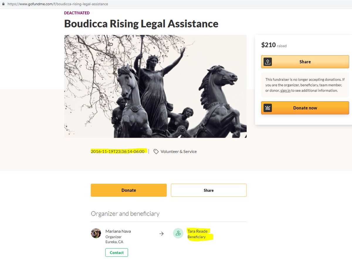 Guess who was the beneficiary of that GoFundMe for the non-existent nonprofit? You guessed it.  #TaraReade. Here's the link to that GFM:  https://www.gofundme.com/f/boudicca-rising-legal-assistance/8