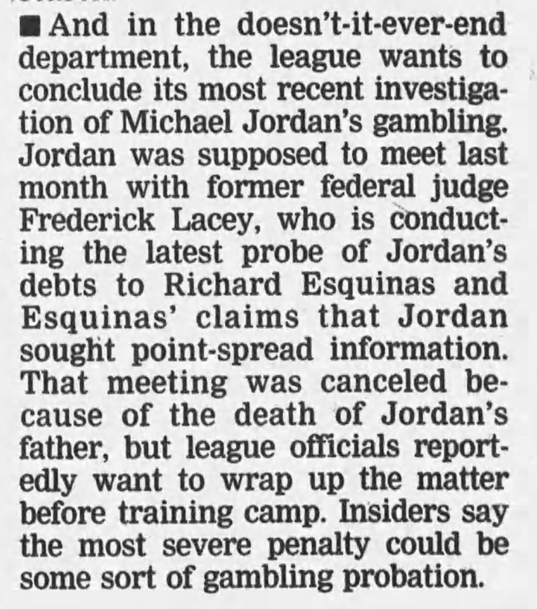 The New York media really hammered Jordan throughout 1993, but local reporters had to take the story seriously. Here is the great Sam Smith reporting in  @ChicagoSports on a possible "gambling probation" from the NBA.This is from Sept. 10, 1993: