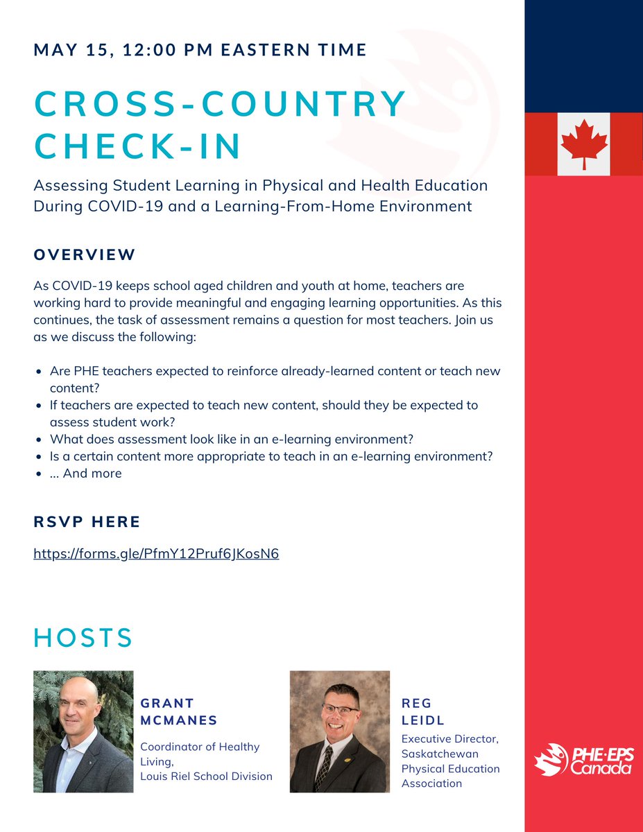 PHECanada's tweet photo. This Friday @ 12 pm ET, we are hosting another Cross-Canada Check-In w/ @LouisRielPEHE and @regleidl and the topic is: Assessing Student Learning in Physical and Health Education During COVID-19 and a Learning-From-Home Environment.

RSVP | https://t.co/OiAeSgvicZ https://t.co/w8tm47LFgR
