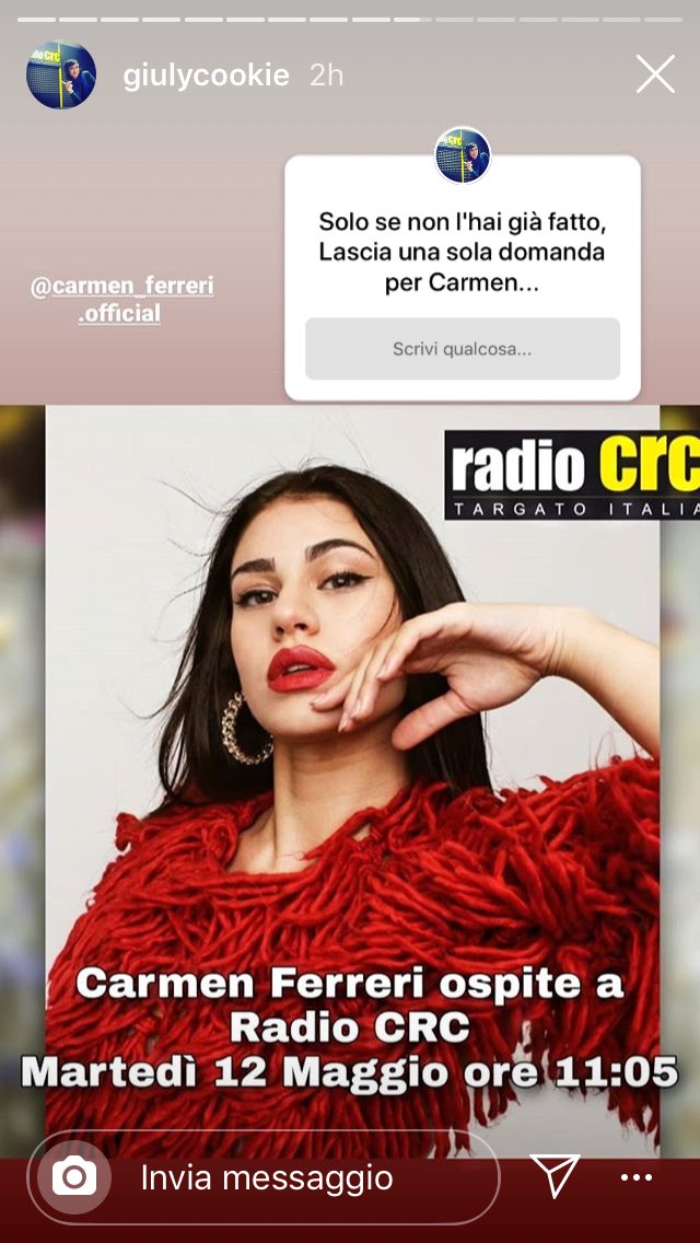 gemellANSIA's tweet photo. Se volete fare delle domande a Carmen Ferreri per l’intervista a Radio Crc delle ore 11:00 di martedì 12 Maggio,
aggiungete giulycookie su IG e fate le domande cliccando nel box. #Amici19 #Amici2019 #amicispeciali #carmen #carmenferreri #amici2017 #amici17
👇🏻📩 https://t.co/bgHZYQnRt9